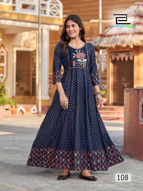 Blue Hills Sandwich Heavy Rayon Anarkali Print Designer Kurti Collection 